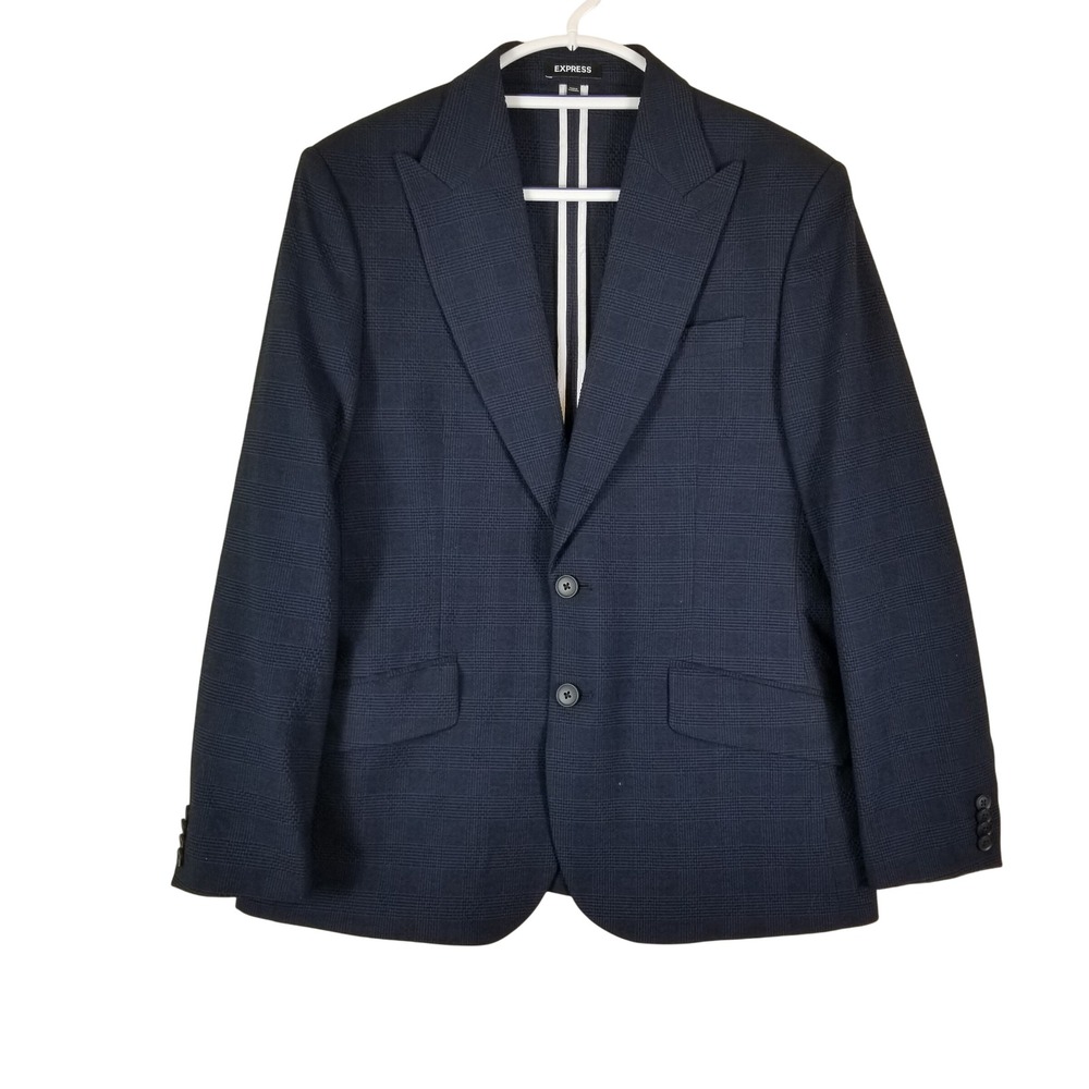 Express Blazer Mens 40S Navy Blue Slim Fit Glen Plaid Textured Two-Button Jacket